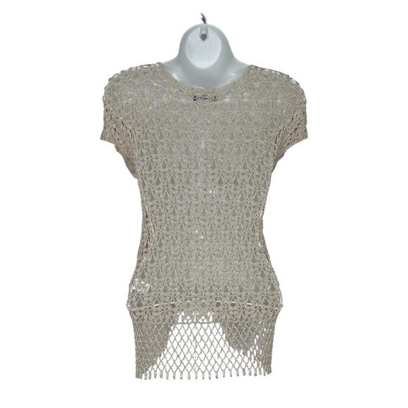 Dunnes Stores Beige Crocheted Beaded Tasseled Open Front Cardigan Medium - Picture 3 of 12